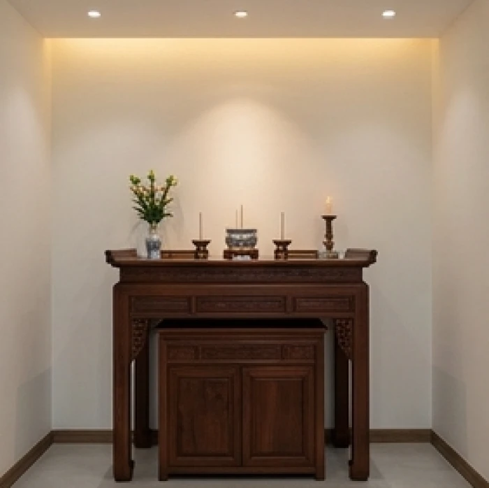 Không gian thờ tự trang nghiêm với án gian gỗ đặt tựa lưng vào mảng tường riêng biệt và thông thoảng