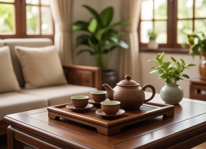 Không gian bàn trà đạo tĩnh lặng là nơi ông bà tuổi Thân thư giãn và trò chuyện cùng con cháu