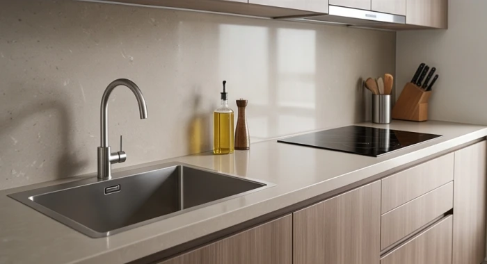 Khu vực bếp nấu và bồn rửa chén được bố trí cách nhau chuẩn phong thủy hóa giải hướng nhà xấu cho Ất Mão 1975