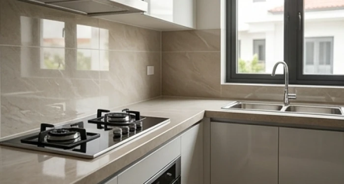 Không gian bếp hiện đại với khoảng cách an toàn giữa bếp nấu và bồn rửa tránh thủy hỏa tương xung.