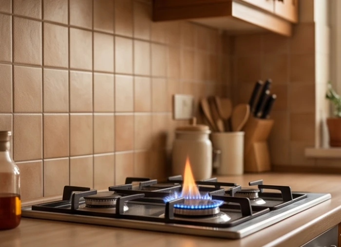 Căn bếp ấm cúng với tông màu đất và ngọn lửa đang cháy nhỏ trên bếp ga