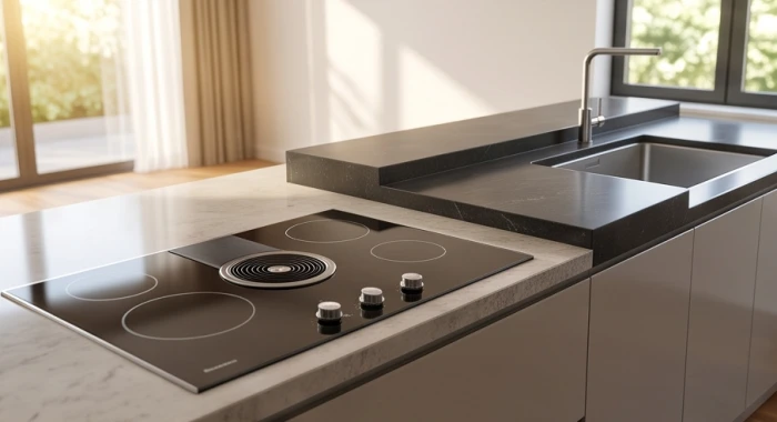 Gian bếp hiện đại áp dụng tọa hung hướng cát với bếp và bồn rửa đặt cách nhau trên 60 cm