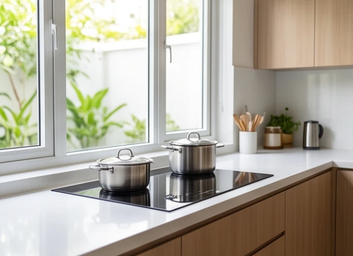 Không gian bếp hiện đại với mặt bếp từ hướng ra luồng ánh sáng tự nhiên và lưng tựa vào bức tường vững chãi