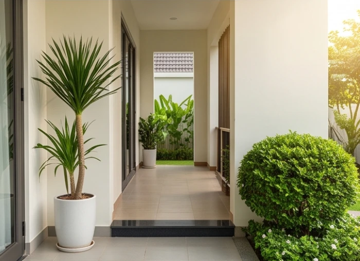 Sắp xếp cây dáng cao bên trái và cọc cây bụi tròn thấp bên phải trước thềm nhà theo bố cục phong thủy