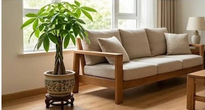 Chậu cây kim ngân xanh tốt được đặt cạnh bộ sofa gỗ trong phòng khách ngập tràn ánh sáng tự nhiên ấm áp