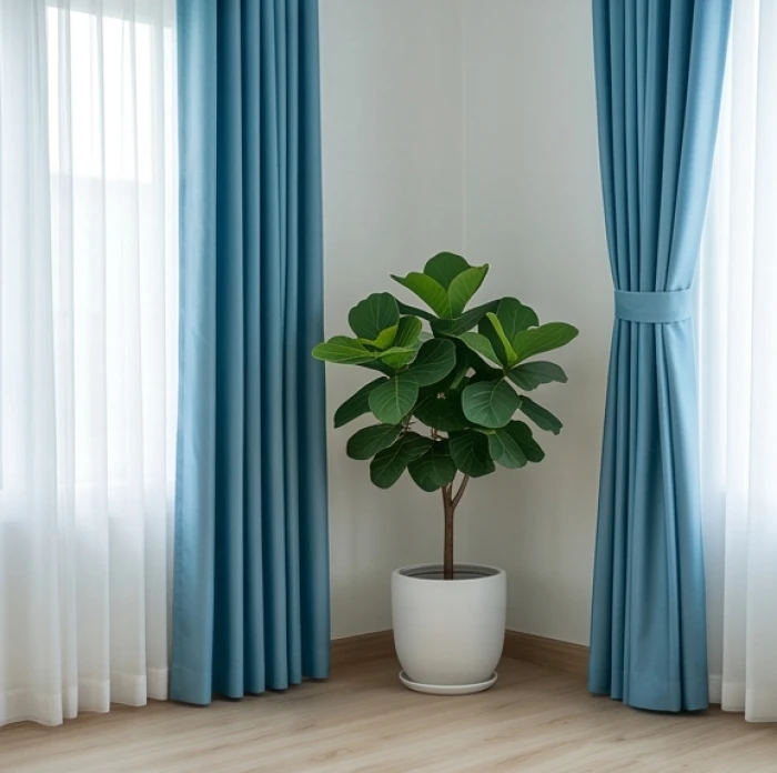 Góc phòng khách bài trí chậu cây lá tròn bên cạnh rèm cửa màu xanh nước biển giúp điều hòa luồng khí
