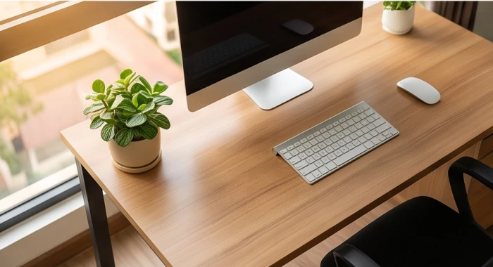 Góc trái bàn làm việc bằng gỗ đặt một chậu cây phong thủy nhỏ cách xa máy tính