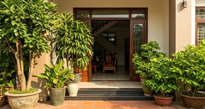 Sắp xếp chậu cây tán cao bên trái và các chậu cây bụi thấp bên phải trước cửa chính cân bằng phong thủy