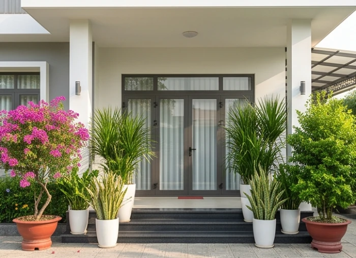 Chậu hoa giấy và lan ý xanh tốt đặt trước hiên nhà theo tỷ lệ chiều cao cân đối với mặt tiền