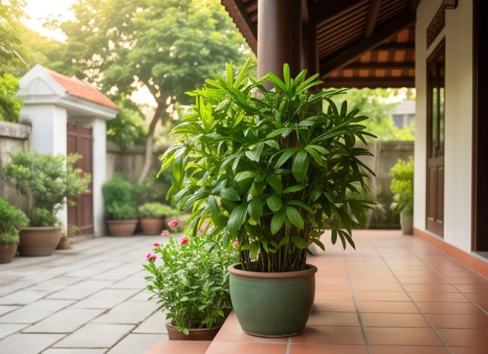 Chậu kim ngân xanh tốt đặt gọn gàng ở góc Đông Nam hiên nhà đón nắng sớm mà không cản lối đi