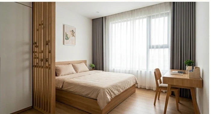 Cách sắp xếp giường ngủ và bàn làm việc chéo góc bên trong căn hộ studio nhỏ tối ưu trường khí
