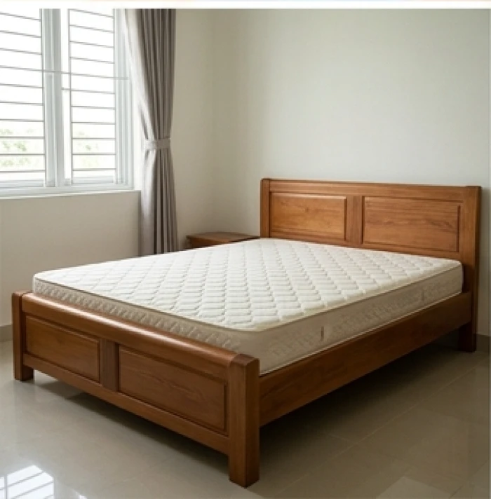 Giường ngủ bằng gỗ chắc chắn được kê sát tường với chiều cao đệm vừa phải giúp người cao tuổi dễ di chuyển