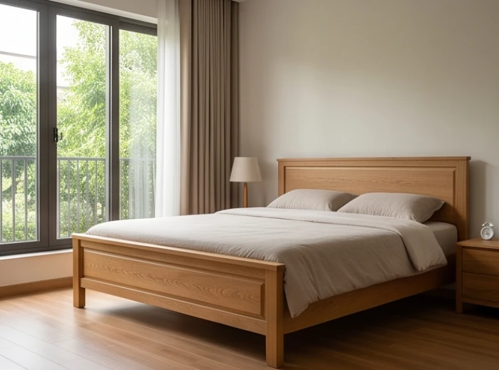 Phòng ngủ yên tĩnh với giường gỗ tự nhiên đặt cách xa cửa sổ đón luồng khí cát lành cho người cao tuổi