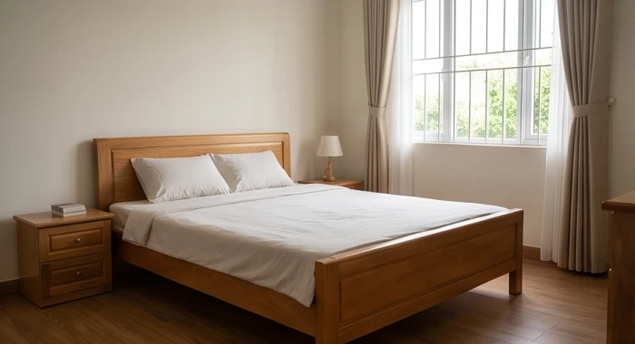 Phòng ngủ yên tĩnh của người lớn tuổi với giường gỗ được kê vuông vắn quay về hướng Thiên Y tốt cho sức khỏe