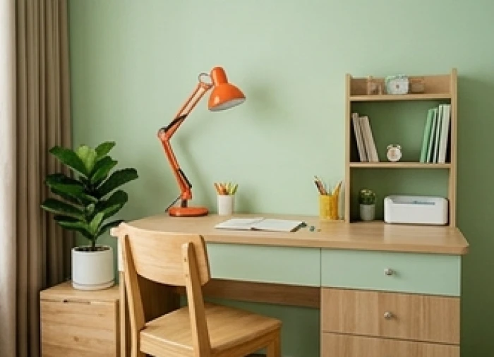Góc học tập phối màu xanh dịu nhẹ cùng bàn gỗ tự nhiên kết hợp đèn để bàn màu cam mang đến sự cân bằng cho bé
