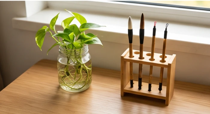 Mặt bàn học ngăn nắp với lọ thủy sinh trầu bà và ống cắm bốn bút lông đặt gọn tại góc văn xương