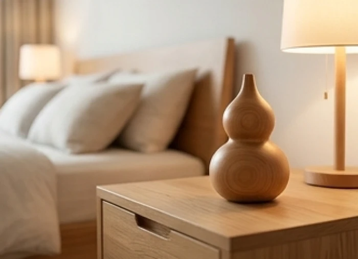 Hồ lô gỗ đào đặt tinh tế trên táp đầu giường bên cạnh đèn ngủ hỗ trợ hóa giải sát khí cho phòng ngủ hiện đại