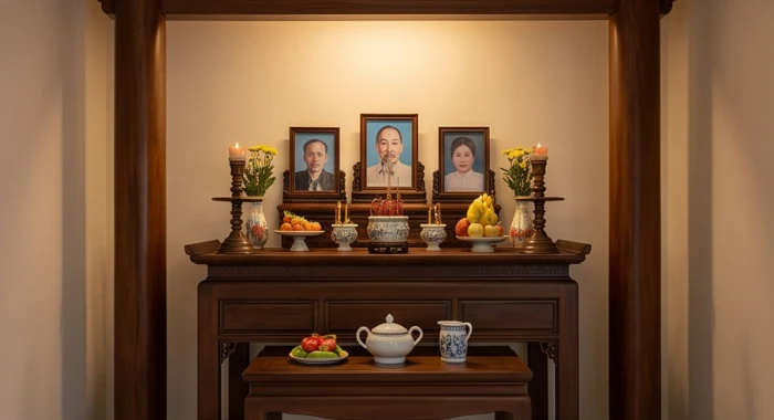Không gian thờ cúng trang nghiêm với bàn thờ gỗ tự nhiên đặt tại cung Phục Vị hợp phong thủy cho gia chủ 1958