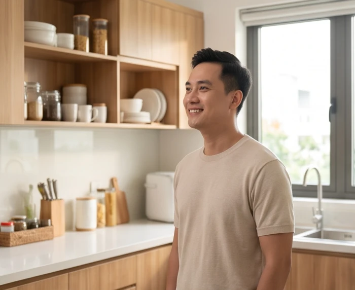 Người đàn ông đứng ở vị trí trung tâm không gian bếp gia đình ngập tràn ánh nắng ấm áp