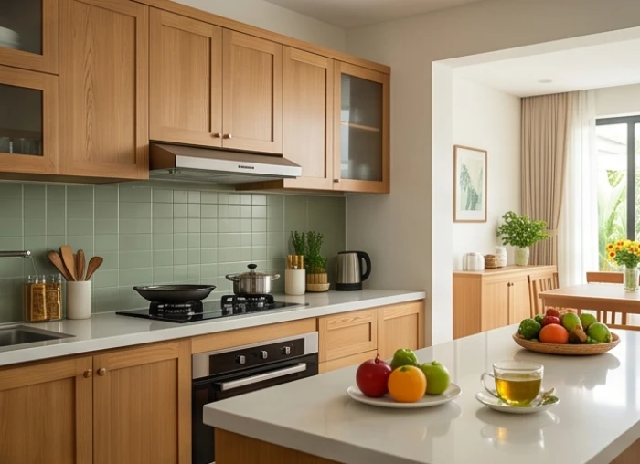 Không gian phòng bếp hiện đại ấm cúng bố trí theo hướng tốt của cung Chấn giúp đón sinh khí cho gia đình