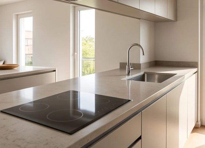 Khu bếp nấu hiện đại có bếp từ đặt cách xa bồn rửa tối thiểu 60 cm đảm bảo nguyên tắc phong thủy tọa hung hướng cát