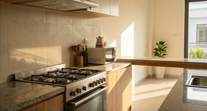 Gian bếp hiện đại với hướng bếp tựa tường vững chắc giúp hóa giải hướng nhà xấu cho gia chủ
