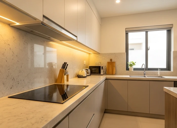 Gian bếp hiện đại sạch sẽ với mặt bếp xoay về hướng Đông giúp thiêu rụi sát khí và đón lành khí cho ngôi nhà