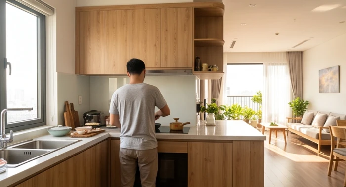 Không gian bếp nấu sạch sẽ với hướng lưng người đứng thao tác xoay về phương Đông Nam cát lành