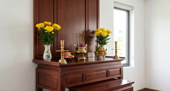 Bàn thờ gia tiên bằng gỗ trang trọng đặt tại vị trí đón ánh sáng hợp hướng Đông Tứ Trạch