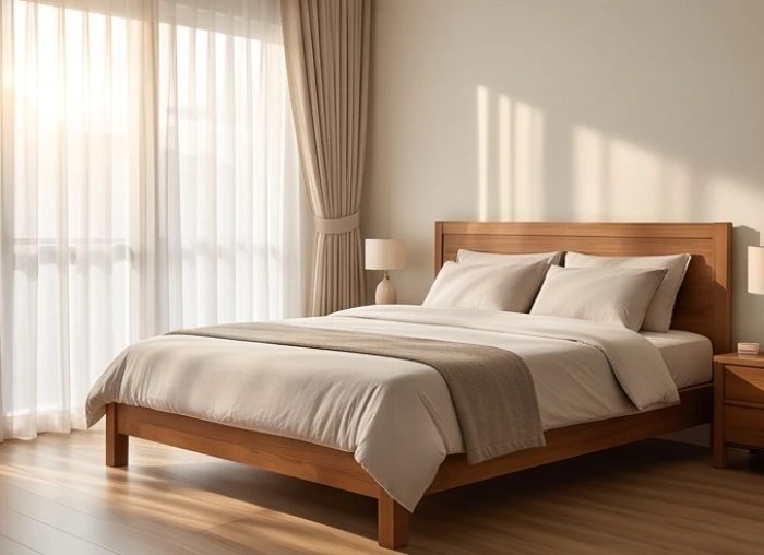 Phòng ngủ gia đình đón ánh sáng tự nhiên với đầu giường tựa chắc vào tường theo hướng cát lành Bát Trạch