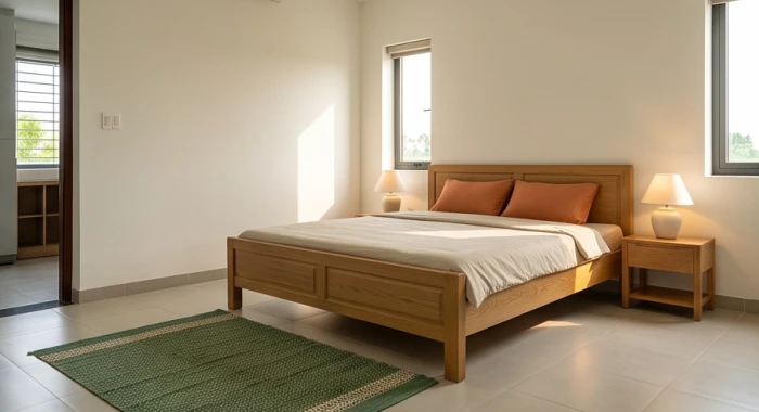 Phòng ngủ người cao tuổi với giường gỗ kê sát tường vững chãi kết hợp thảm trải sàn xanh lục