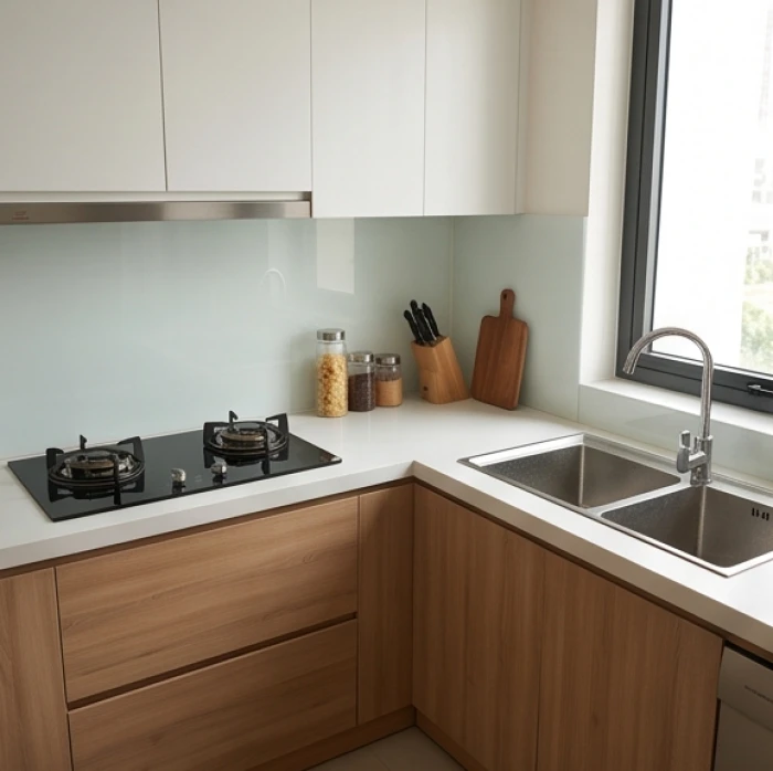 Hệ tủ bếp chữ L bố trí bếp đun cách xa bồn rửa inox nhằm tránh xung khắc thủy hỏa trong phòng ăn