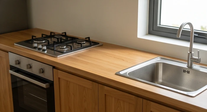 Khu vực bếp nấu và bồn rửa được bố trí cách xa nhau trên mặt bàn đá của gian bếp hiện đại
