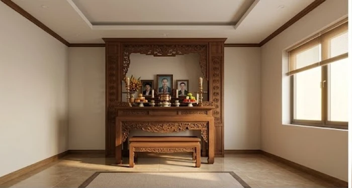 Bàn thờ gia tiên bằng gỗ trắc chạm khắc tinh xảo được đặt ở vị trí cao ráo và trang nghiêm
