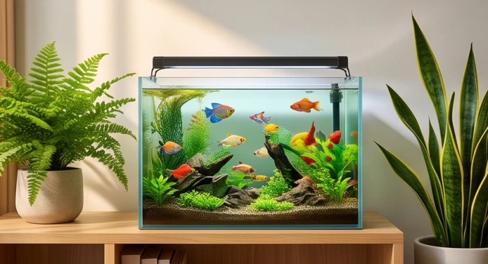 Góc làm việc được bố trí hài hòa với bể cá nhỏ và nhiều cây xanh giúp điều hòa cảm xúc