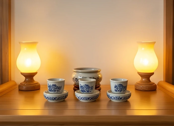 Kỷ nước ba chén và hai ngọn đèn thờ ánh sáng vàng ấm được xếp ngay ngắn phía trước bát hương