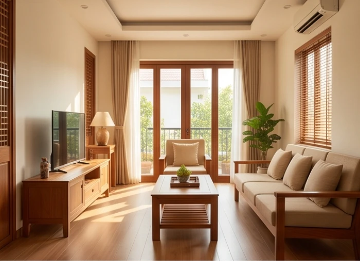 Không gian phòng khách chan hòa ánh sáng với thiết kế chuẩn hướng cát lợi cho cung Khôn Thổ