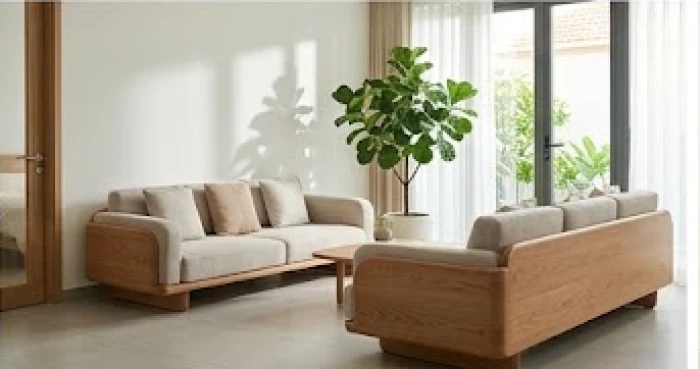 Không gian phòng khách nội thất bo tròn kèm chậu cây xanh lá dày giúp lưu thông trường khí hài hòa