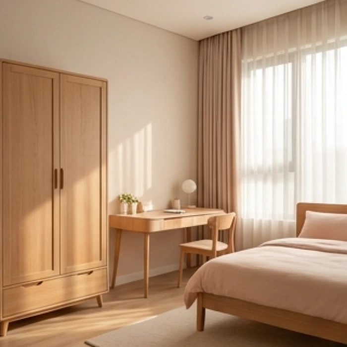 Giường ngủ bé gái bố trí cách xa cửa đi lại với nội thất bo tròn góc cạnh an toàn và ấm cúng