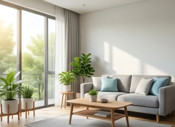 Phòng khách hiện đại với cửa sổ lớn đón gió mát và ánh sáng tự nhiên
