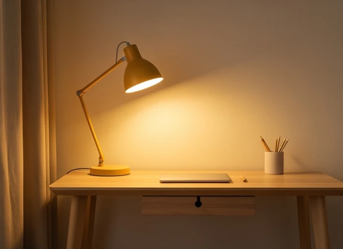 Góc làm việc ấm cúng với đèn bàn ánh sáng vàng hướng Nam giúp cải vận cho người mệnh Mộc sinh mùa Đông