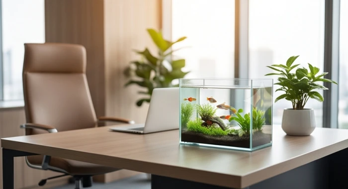 Bàn làm việc hướng Tây Bắc được bố trí cây xanh nhỏ và bể cá mini giúp điều hòa sinh khí cho chủ doanh nghiệp