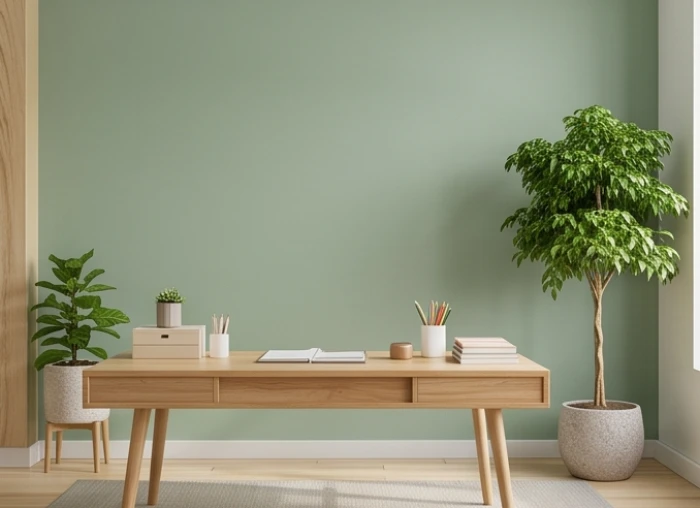 Góc làm việc hiện đại có mảng tường màu xanh lá và chậu cây nội thất tươi tốt hỗ trợ sự điềm tĩnh cho gia chủ