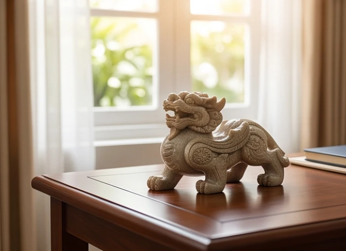 Tượng đá Tỳ Hưu phong thủy đặt trên bàn làm việc hướng ra cửa sổ đón cát khí