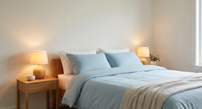 Phòng ngủ ấm cúng cho người cao tuổi với tường sáng màu bộ chăn ga xanh dương nhạt và đèn ấm