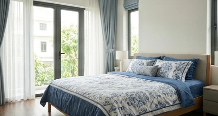 Không gian phòng ngủ được bố trí hài hòa với bộ chăn ga màu xanh dương nhẹ nhàng