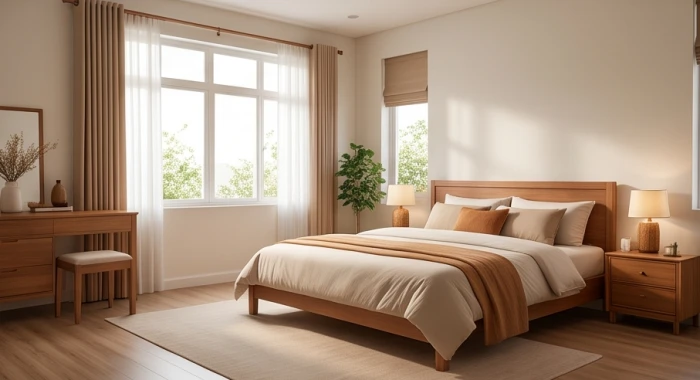 Phòng ngủ gọn gàng trang nhã với giường gỗ được kê đúng phương vị phong thủy bình an