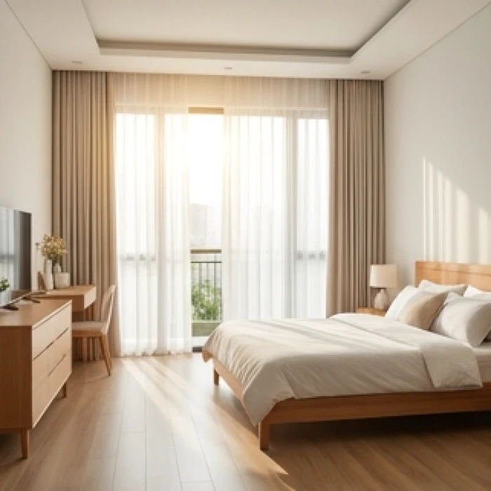 Phòng ngủ gọn gàng thoáng đãng với cửa sổ lớn đón ánh sáng tự nhiên giúp điều hòa năng lượng