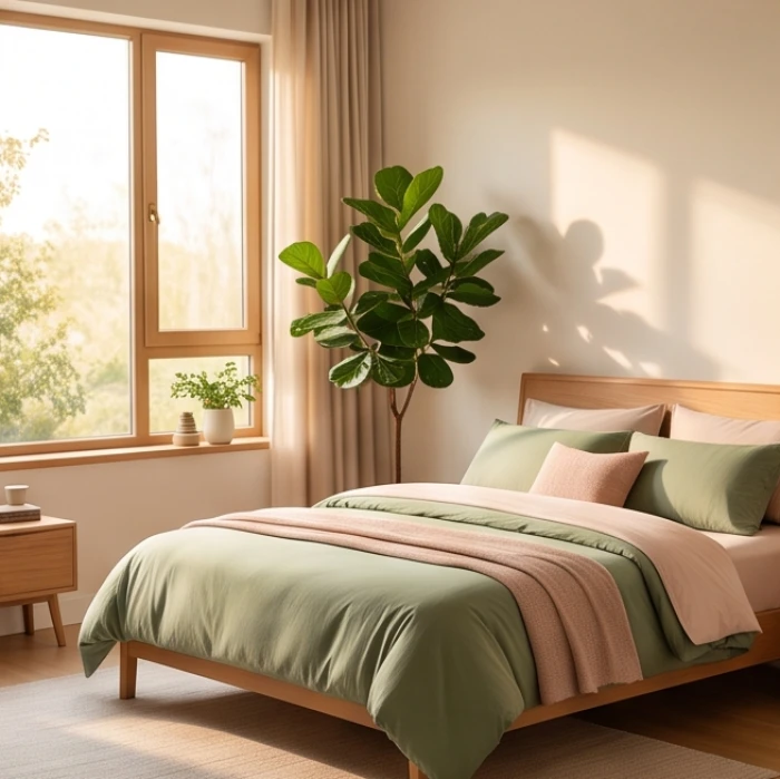Không gian phòng ngủ hiện đại được bố trí hài hòa với cây xanh và ánh sáng tự nhiên dành cho người mệnh Hỏa