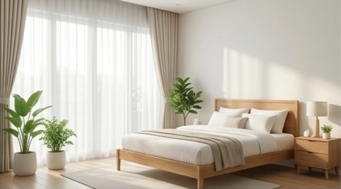 Không gian phòng ngủ gia đình được bố trí thông thoáng gọn gàng với ánh sáng tự nhiên cho tuổi tân mão